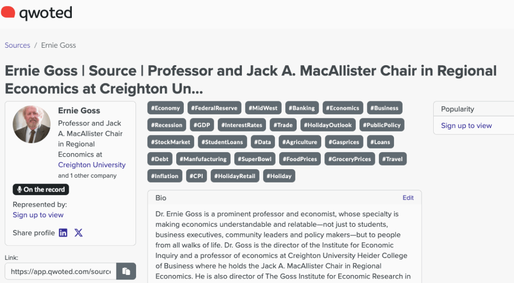 Dr. Ernie Goss', a Creighton University economics professor, Qwoted profile, with bio, title, headshot, and keywords