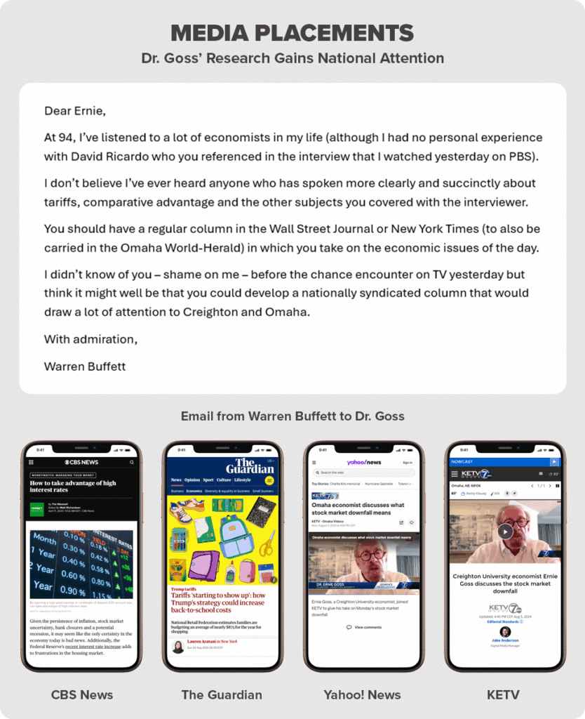 Email Warren Buffet sent to Dr. Ernie Goss for tariff interview during PR campaign with Lukas Partners, along with newspaper headlines from outlets like CBS News, The Guardian, Yahoo! News, and KETV covering the reports