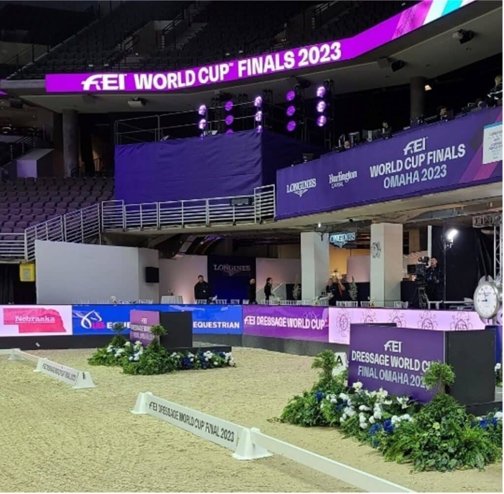 2023 FEI World Cup dressage boxes at CHI Center in Omaha, NE for Lukas Partners campaign for Omaha Equestrian Foundation