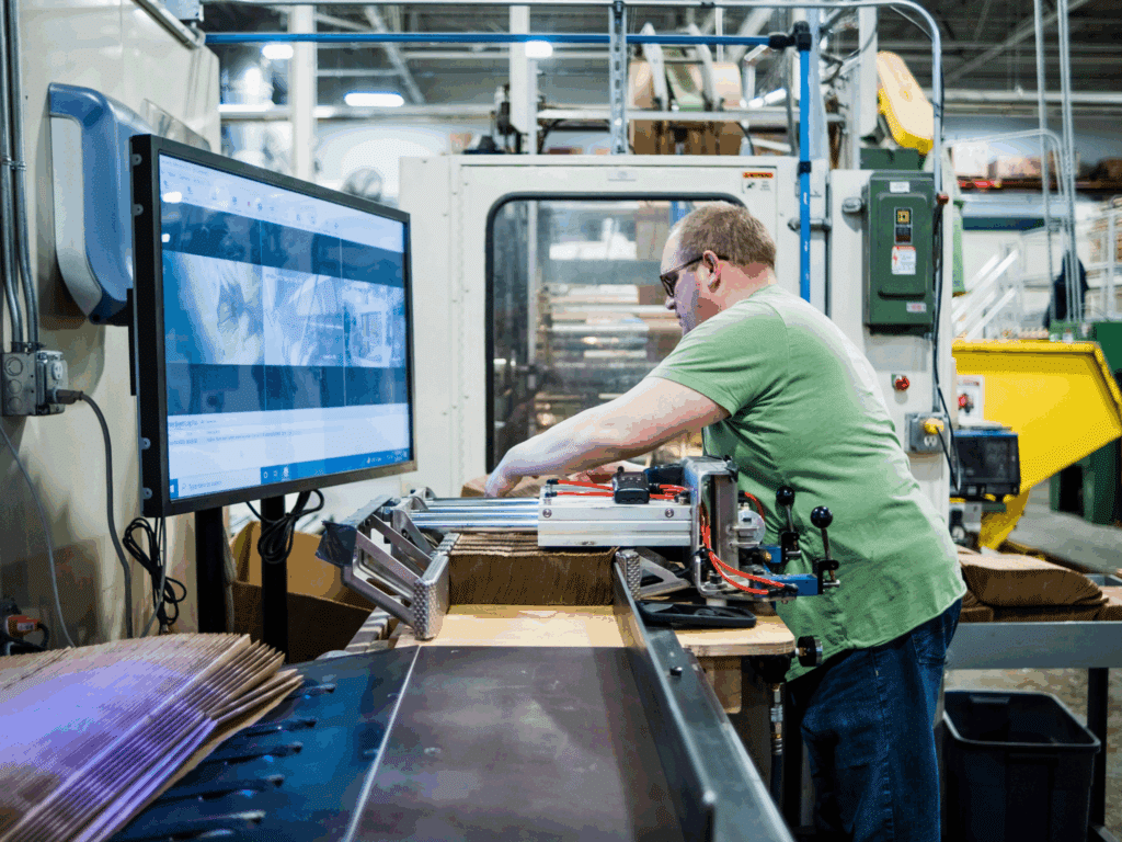 Outlook Nebraska blind worker on assembly line making toilet paper in factory for Coolest Thing Made in Nebraska contest