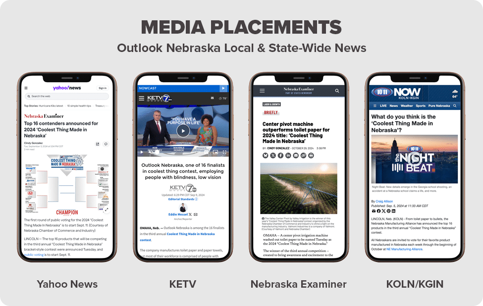 Media placements earned by Lukas Partners for Outlook Nebraska when entering them into contest for Coolest Thing Made in Nebraska