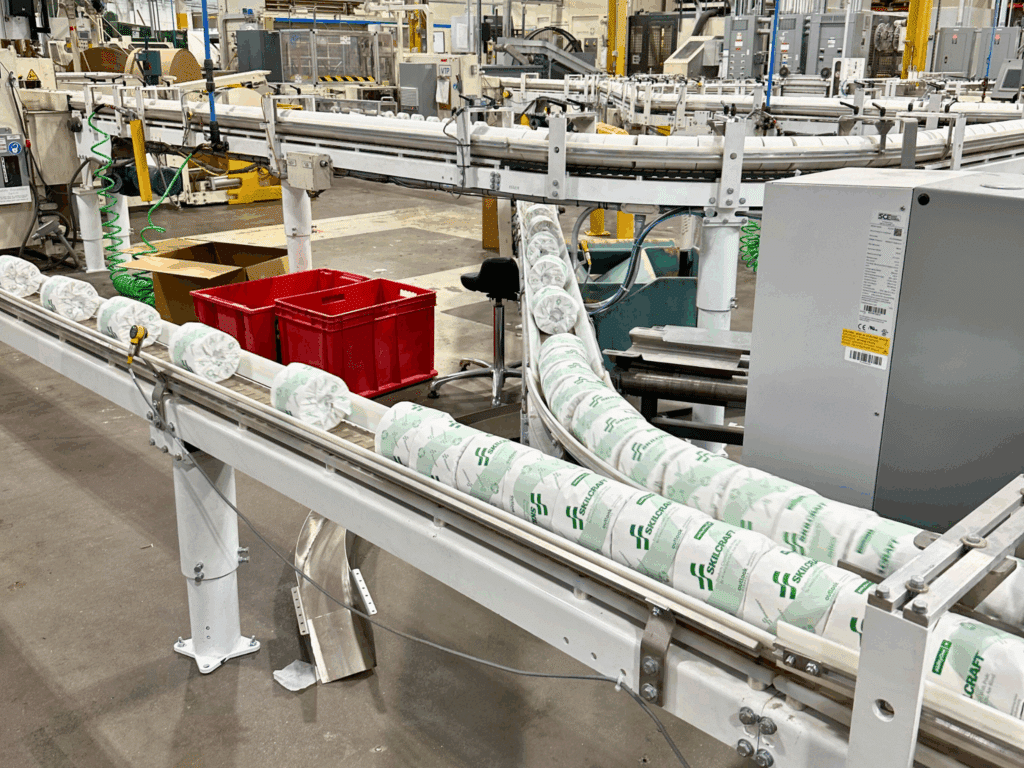 Skilcraft toilet paper rolls on assembly line in Outlook Nebraska factory