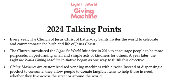 Document with bulleted list of 2024 talking points for LightTheWorld Giving Machine PR event