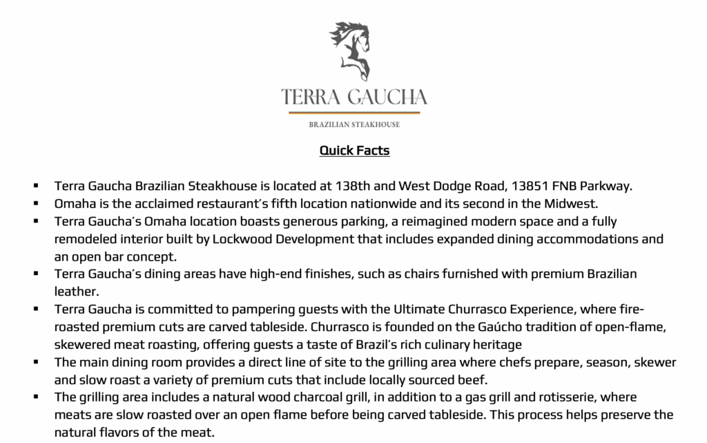 Quick facts document for Terra Gaucha's grand opening in Omaha, created by Lukas Partners
