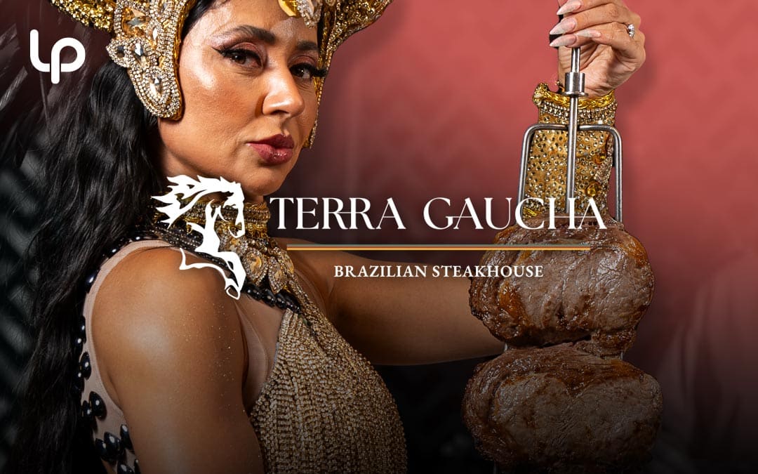 Brazilian dancer in headpiece holding skewered meat with Terra Gaucha Brazilian Steakhouse logo in foreground for PR case study