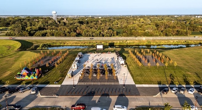 Aerial shot of Heartwood Preserve's Summer Saturdays event with bounce house and food trucks an event promoted by Lukas Partners