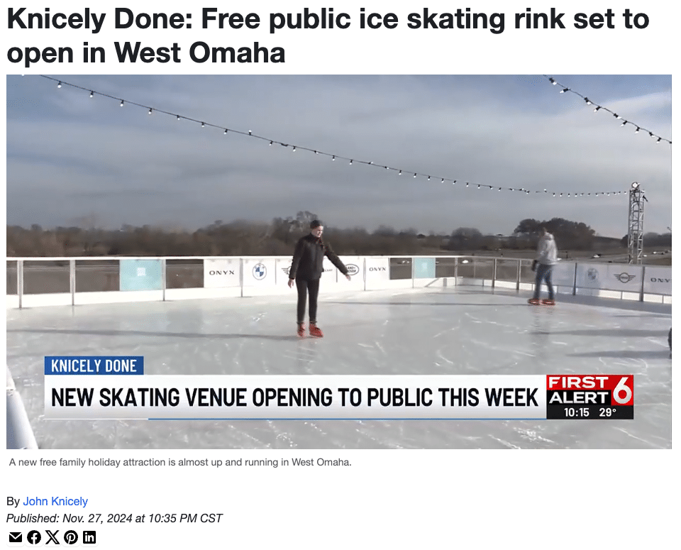News coverage from WOWT about free public ice skating rink in West Omaha generated by Lukas Partners for Heartwood Preserve