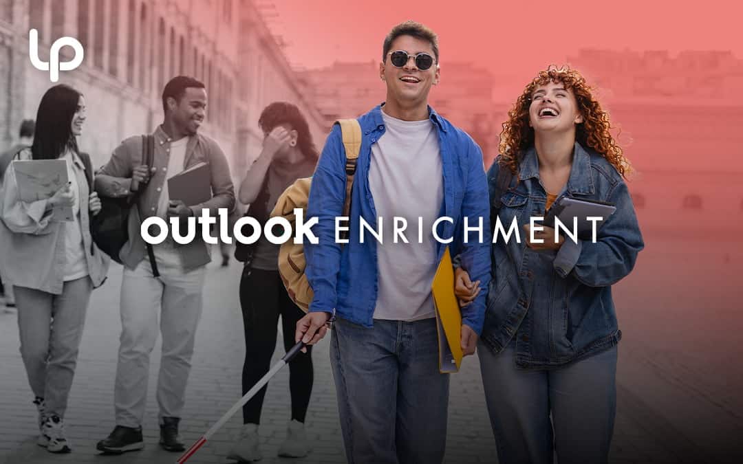 Man with sight stick walking outside beside woman laughing for Outlook Enrichment's adaptive events PR case study