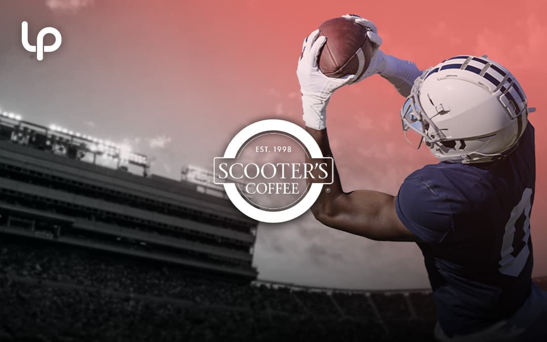 Football player catching football at stadium with Scooter's Coffee logo in foreground for 2023 Frisco Bowl case study