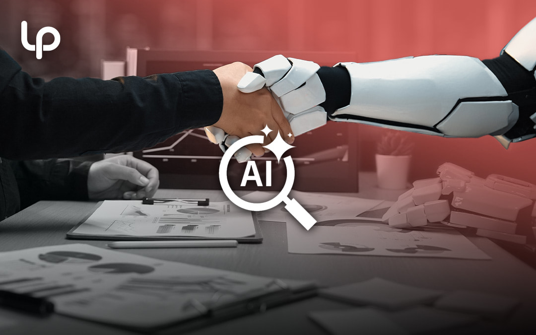 Close-up of handshake over table with human in black suit and robot with AI and magnifying glass icon overlayed