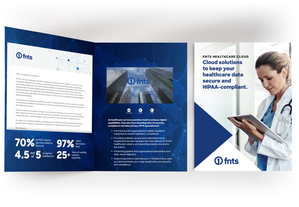 Tri-fold brochure for FNTS Healthcare Cloud featuring text, graphics, and a photo of a healthcare professional using a tablet.