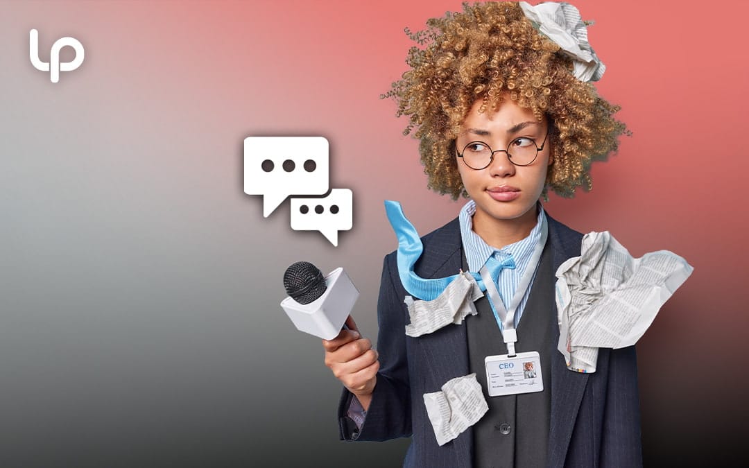 Person with a microphone and papers flying around their head with a speech bubble icon overlay